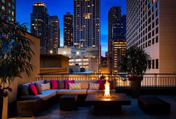 Solus halo elevated gas firepit on patio at the Gwen Hotel in Chicago