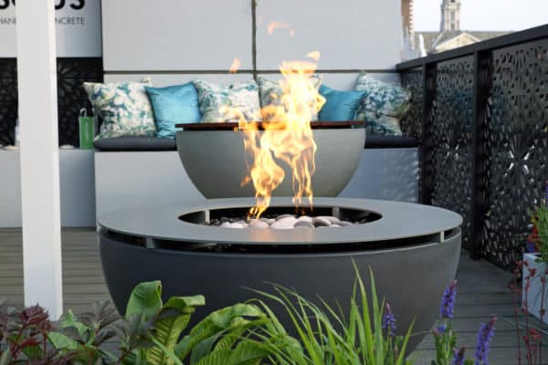 Solus Decor, outdoor gas fire pit, metal table top and fire ring, RHS Chelsea Flower Show