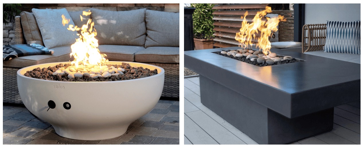 Tavolo and Luna fire pits, modern gas and propane concrete fire pits.