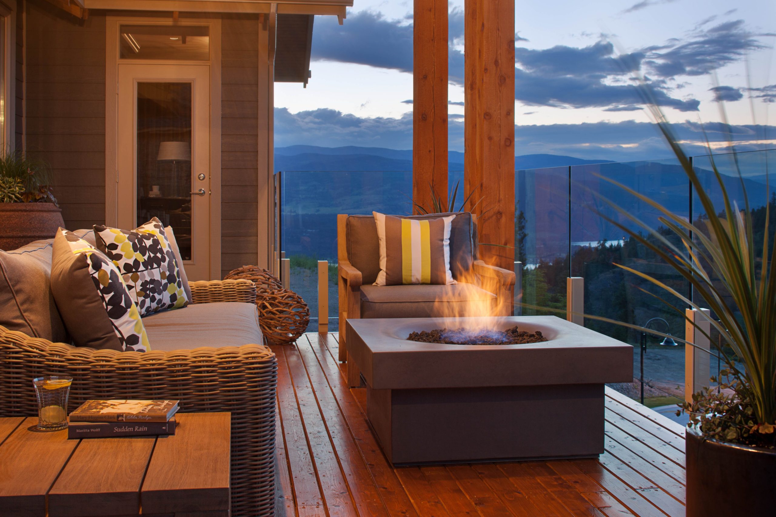 Beautiful during the day or night - Solus Decor's Halo Fire Pit stands out at night against a backdrop of mountains.
