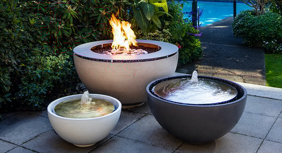 Solus concrete gas Hemi 36" fire bowl and concrete water dome in 36" and 26"